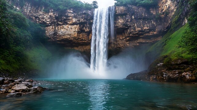 A majestic waterfall cascading down a rocky cliff into a crystal-clear pool, surrounded by lush greenery and mist