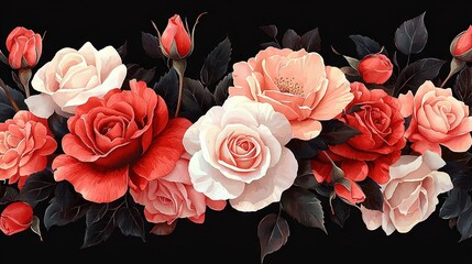  A black background with a close-up of a bouquet of red and white flowers in the center of the image