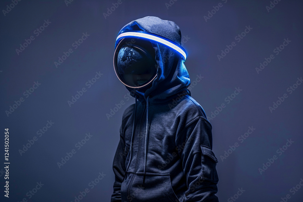 Poster spacesuit helmet displays a modern, high-tech generative ai