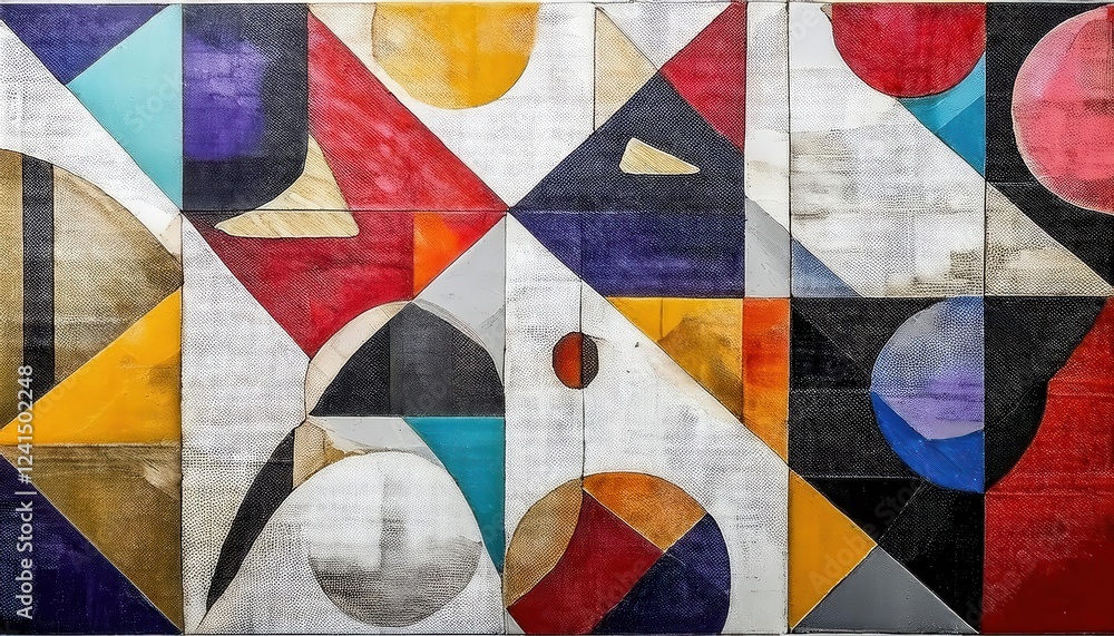 Poster abstract geometric composition with intersecting semicircles, triangles, and bold colors on textured canvas for modern decor

