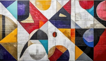 Fototapeta premium abstract geometric composition with intersecting semicircles, triangles, and bold colors on textured canvas for modern decor