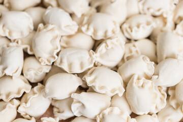 Traditional uncooked Chinese meat dumplings ready to cook