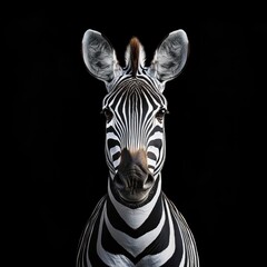 Striking zebra portrait against a stark black background.