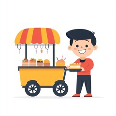 Boy selling snacks from a cart outdoors