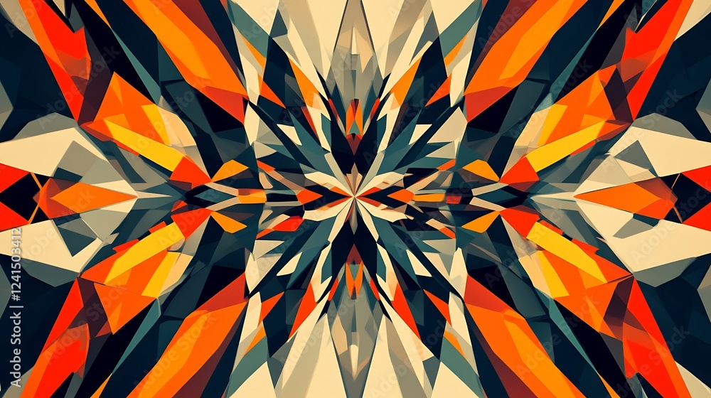 Poster a mesmerizing geometric pattern in bold colors, with sharp lines and dynamic shapes creating a moder