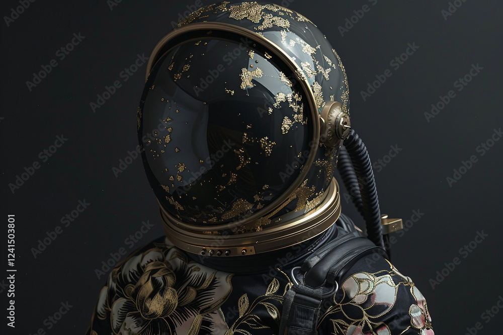 Wall mural image of cosmonaut in a protective spacesuit made generative ai technology on dark background