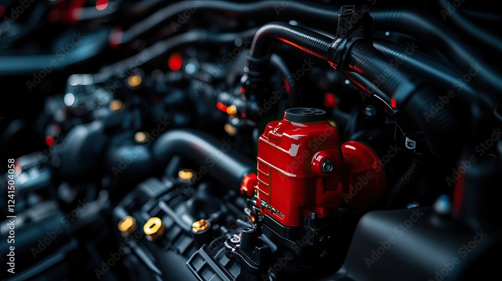 Aufkleber a close-up view of a car engine showcasing intricate components in black and red, highlighting its m