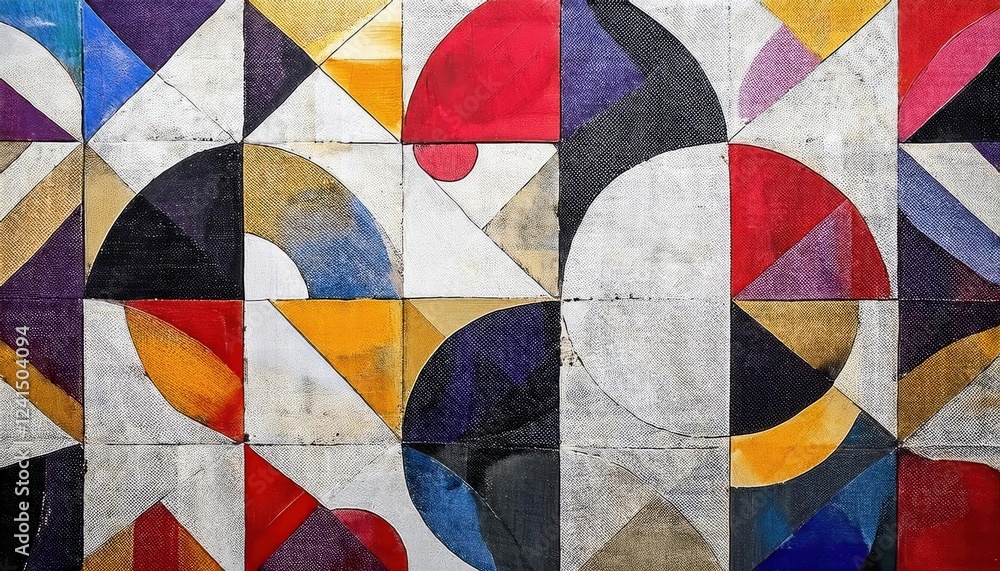 Poster abstract geometric composition with intersecting semicircles, triangles, and bold colors on textured canvas for modern decor

