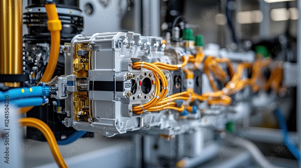 Aufkleber a close-up view of a complex assembly with electrical wires and components, showcasing modern engine
