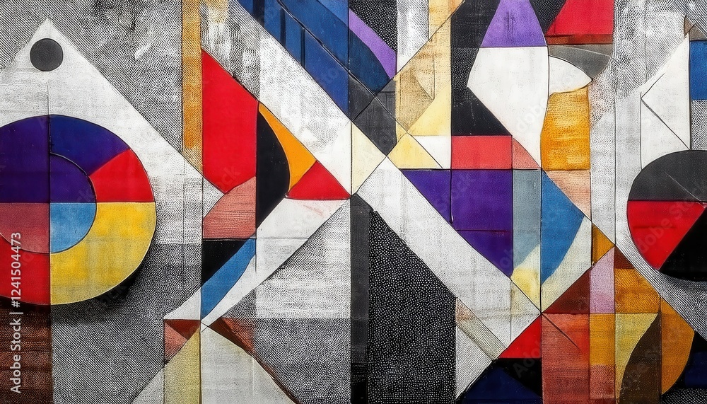 Poster abstract geometric composition with intersecting semicircles, triangles, and bold colors on textured canvas for modern decor

