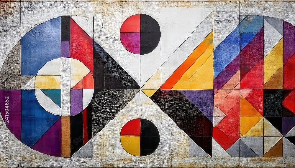 Poster abstract geometric composition with intersecting semicircles, triangles, and bold colors on textured canvas for modern decor

