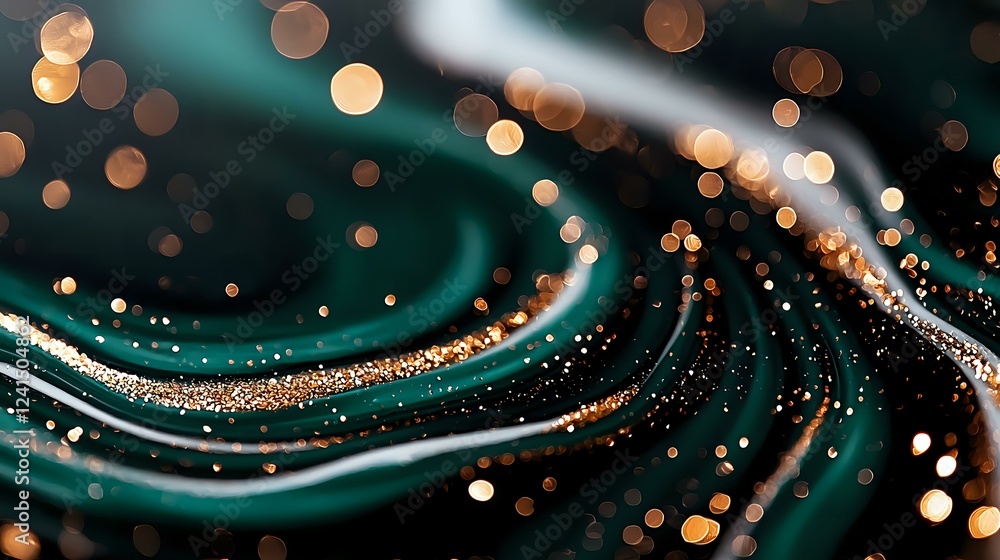 Aufkleber magical emerald green waves with golden glowing bokeh lights and sparkles on dark background create 
