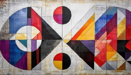 Fototapeta premium abstract geometric composition with intersecting semicircles, triangles, and bold colors on textured canvas for modern decor