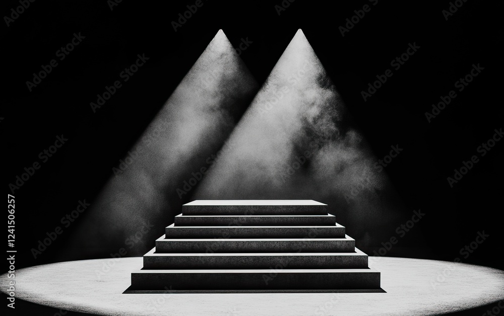 Poster a dimly lit stage featuring a set of steps illuminated by two spotlight beams, creating a dramatic a