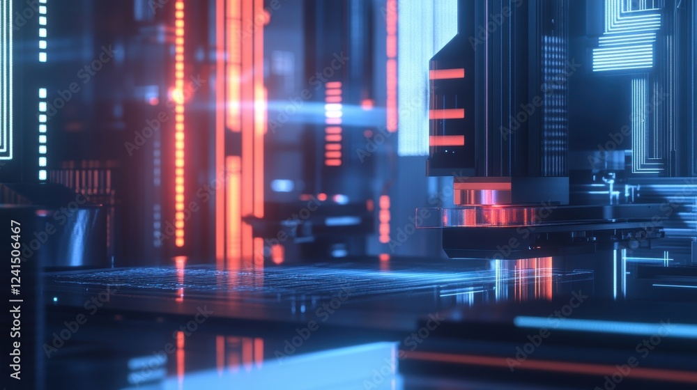 Poster futuristic 3d printer operating in an automated factory, producing complex components with precision