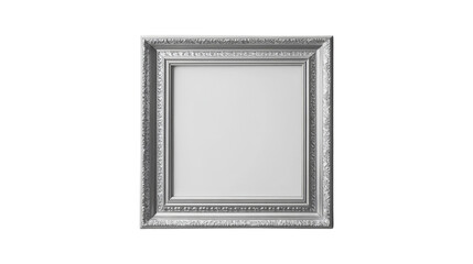 A silver ornate picture frame with a blank white canvas inside is shown against a black background.