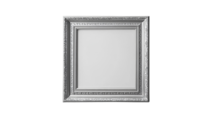 A silver ornate picture frame with a blank white canvas inside is shown against a black background.