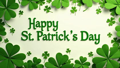 Vibrant Happy St. Patrick's Day banner showcasing a delightful blend of clovers and charming typography, celebrating the joy of the occasion.
