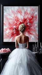   A woman in a white wedding dress sits before a large red-and-white painting on a black wall