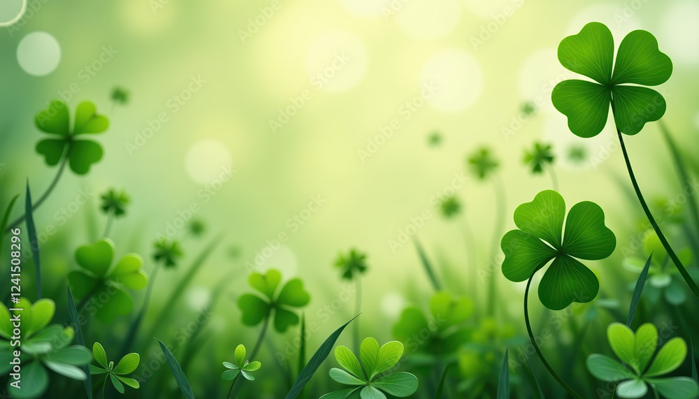 Poster captivating background with scattered green clovers and gentle bokeh, creating an inviting and joyfu