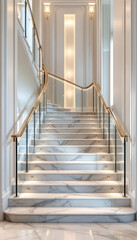 Fototapeta premium Elegant Marble Staircase with Glass Railing and Gold Accents