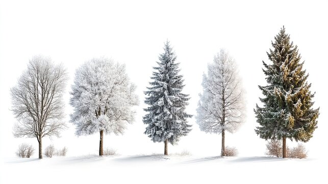 Different types of winter trees covered in snow, isolated on a white or transparent background. --