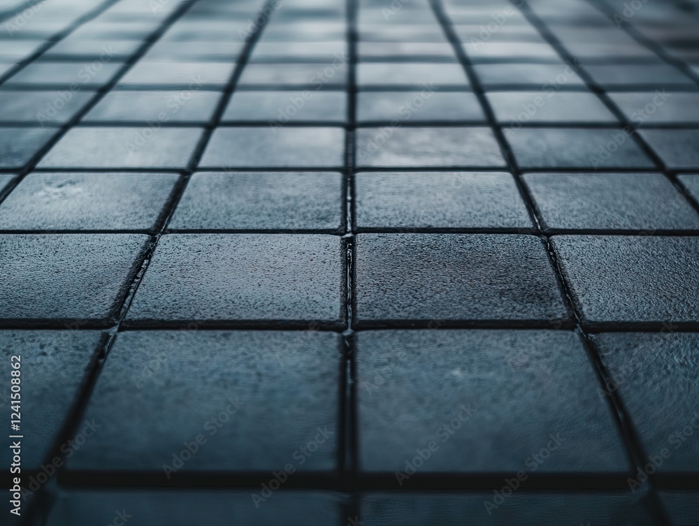 Poster a close-up view of dark, textured tiles arranged in a grid pattern, showcasing a modern and minimali