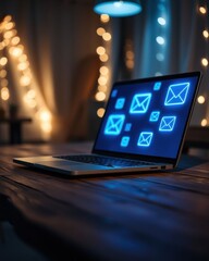Laptop screen displaying glowing email icons at night on wooden table