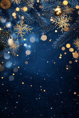 New year background with fireworks and bokeh lights, golden light on a dark blue background, Generative AI