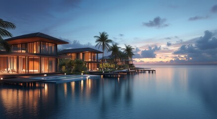 Fototapeta premium Luxury waterfront villas under a serene twilight sky in a tropical paradise