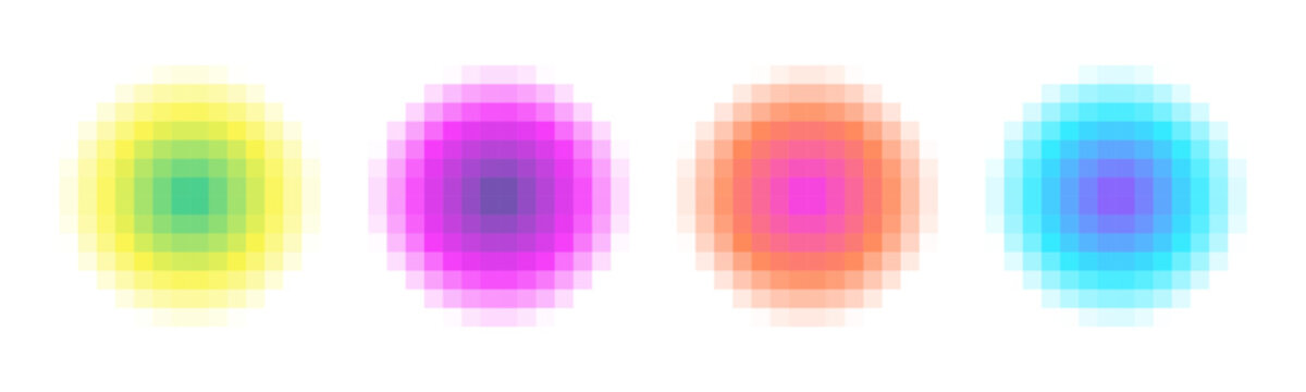 Simple Pixel Circle Gradient print. Colorful Abstract Gradation Backgrounds. Blur effect Circle mosaic. Square shapes. Electric pink. Noise round forms. Bright colors. Cyber futuristic style. Grid