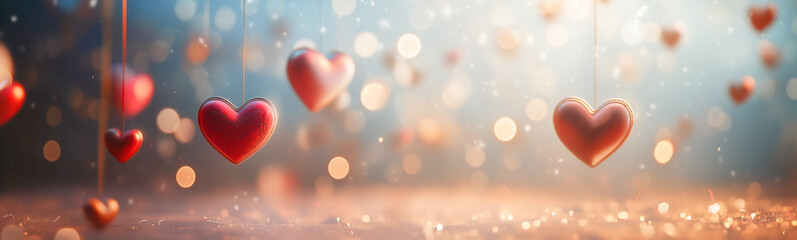 Abstract view with red hearts hanging on the strings on the blurred background. Valentines day and love concept.