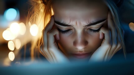 Young woman with closed eyes experiencing headache or stress in dark room with bokeh lights, holding head in hands, emotional health concept.