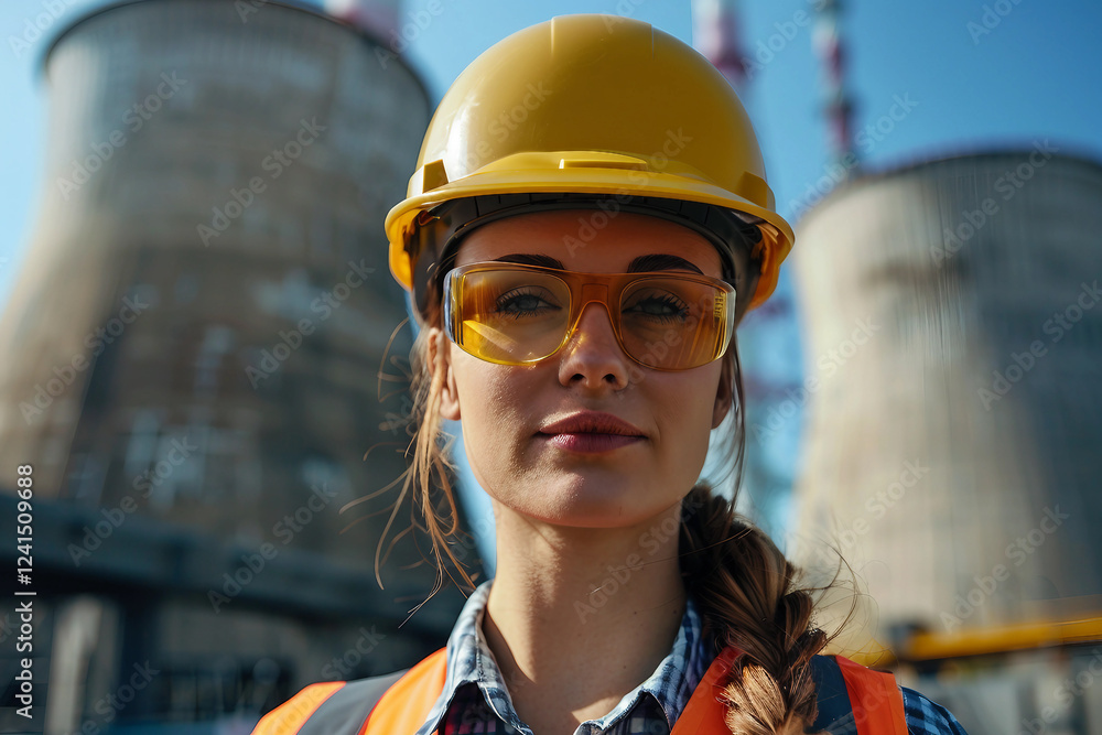 Poster engineer against of a nuclear reactor turbine in industrial setting generative ai