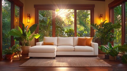 Sunlit living room, sectional sofa, tropical view, plants, home decor