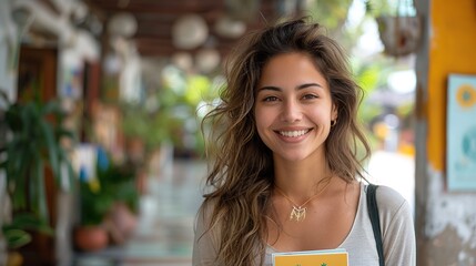 Smiling Woman Holding a Consumer Rights Brochure with a Logo, Promoting Awareness on World Consumer Rights Day