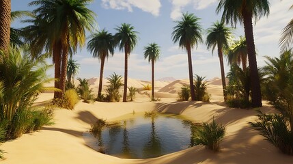 A peaceful desert oasis with a small pond surrounded by tall palm trees, and soft golden sand stretching into the horizon