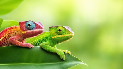 Fototapeta premium Colorful chameleons in tropical forest wildlife photography close-up vibrant nature concept