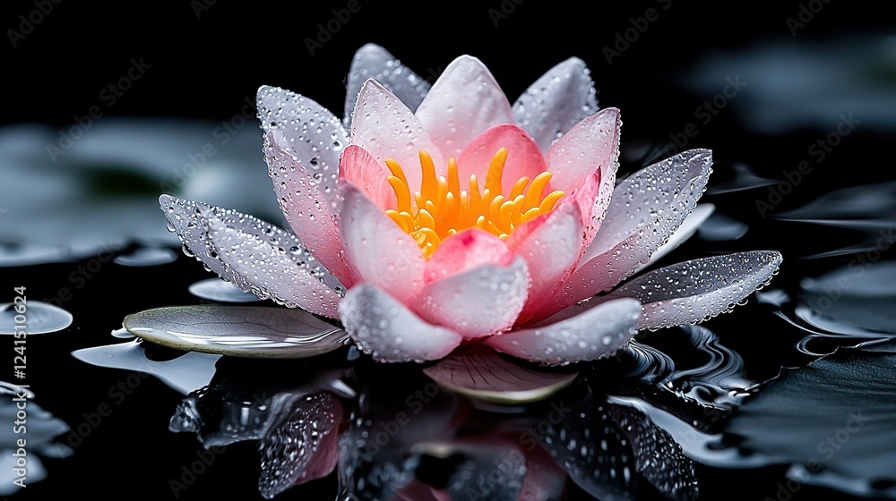 Canvas Prints   A pink flower floating on water's surface with droplets on petals and surrounding foliage