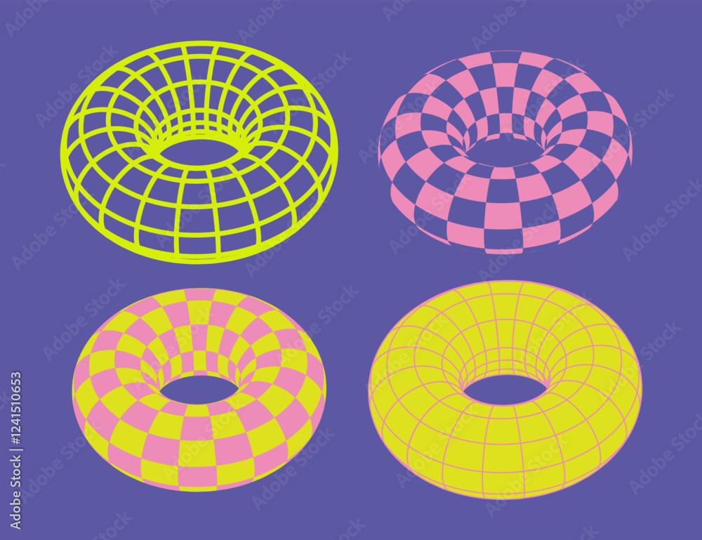 Aufkleber Set of Futuristic Bright bagels. Wireframe elements. 3d basic geometric form. Y2k Naive playful abstract object. Universal trendy design element. Shape torus. Checkered print on ring figure.