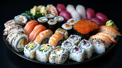 A perfectly arranged sushi platter with various types of sushi, placed against a solid black background to enhance its visual appeal