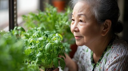 Obraz premium Serene Elderly Woman Gazing at Indoor Herbs