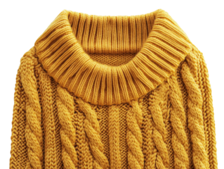 A close-up image showcases the detailed texture of a golden yellow cable knit sweater with a ribbed turtleneck.