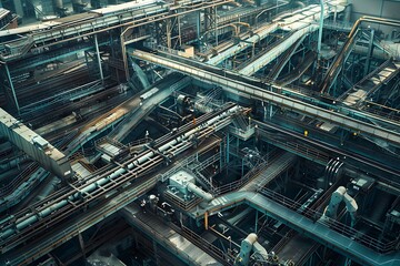 Obraz premium Aerial view of a massive industrial complex, showcasing intricate networks of conveyor belts, pipes, machinery, and steel infrastructure. A complex system of production.