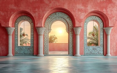 Obraz premium Sunset Through Arched Windows of a Vibrant Red Room with Ornate Patterns and Palm Trees