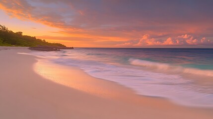 Obraz premium A pristine beach at sunset, with the sky painted in shades of orange, pink, and purple, and gentle waves lapping at the shore