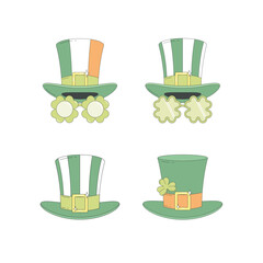 Set of leprechaun hats with gold buckle. Tall hat with stripes, clover, Irish flag colors. Shamrock party glasses. St Patrick's Day accessories.