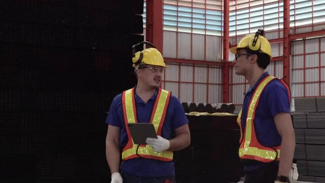 Factory Supervisors Conferring: Two factory supervisors, equipped with hard hats and safety vests, engage in a discussion while one holds a tablet, overlooking the industrial setting.