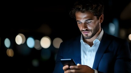 Young Caucasian businessman in navy suit checking smartphone at night, illuminated by screen light against dark background with bokeh lights, modern professional lifestyle.