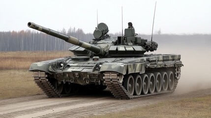 Military Tank Moving on Dirt Road Surrounded by Scrubland
